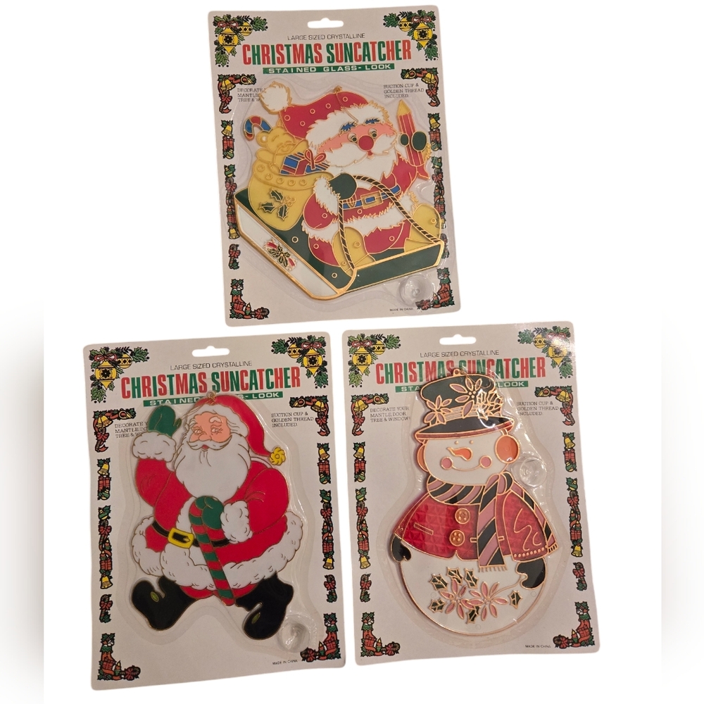 Vintage set of 3 Plastic Stained Glass Look Christmas Suncatchers